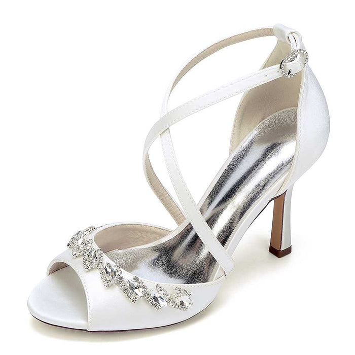 Cross Strap Bridal Sandals Hand-Made Wedding Shoes Dress Heels With Crystals