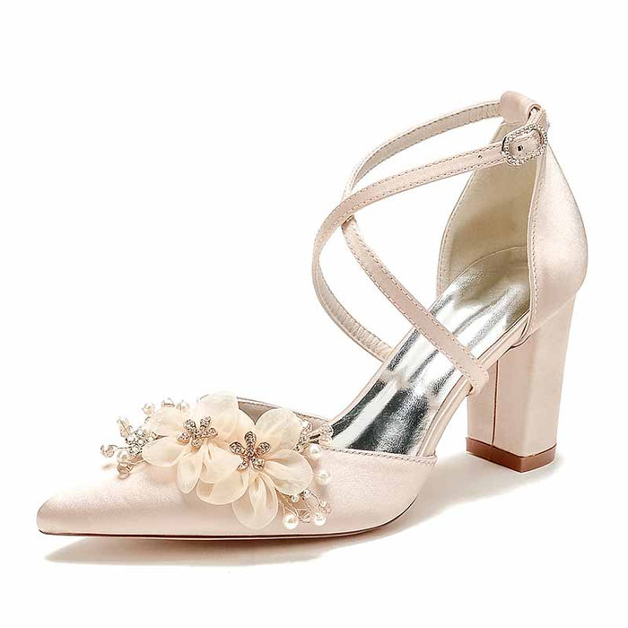 S&DCo. elegant cross strap wedding shoes for women with floral embellishments and a block heel