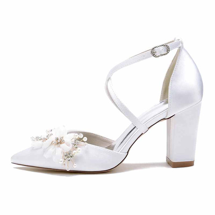 Elegant S&DCo. cross strap wedding shoes for women with floral embellishments and a stylish heel