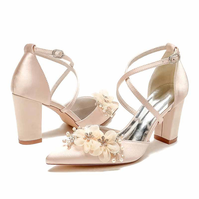 S&DCo. cross strap wedding shoes for women with floral embellishments and block heels
