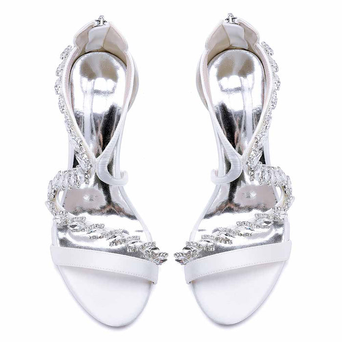 Elegant white crystal beaded heels for formal events with delicate straps and shiny finish