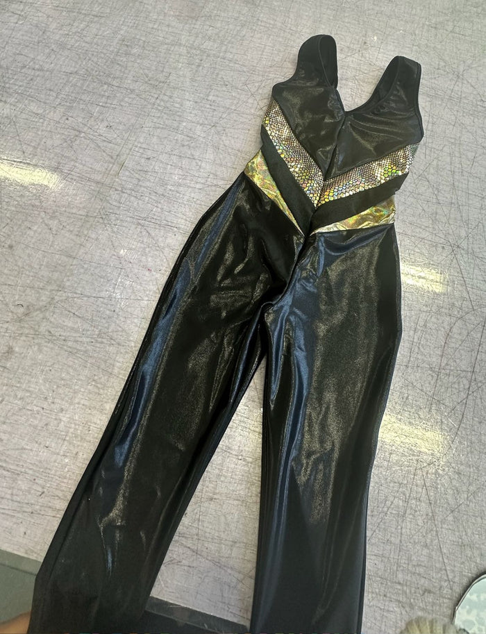 Black metallic panelled lycra catsuit.