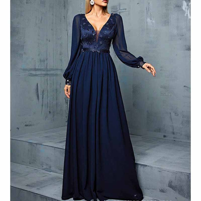 Deep Blue Puff Sleeve Long Dress – V Neck Applique Detail Evening Gown