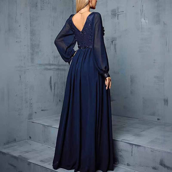Deep Blue Puff Sleeve Long Dress – V Neck Applique Detail Evening Gown