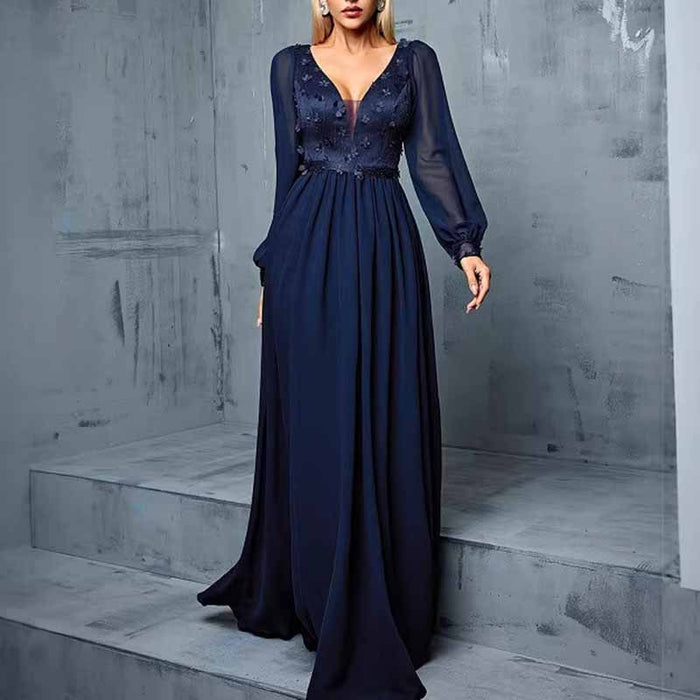 Deep Blue Puff Sleeve Long Dress – V Neck Applique Detail Evening Gown