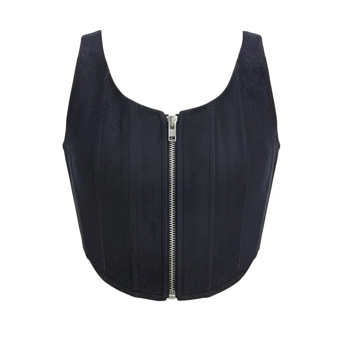 Denim corset top with a zipper on a white background