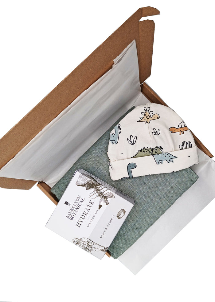 Dino Treats Gift Box - Hat, Muslin & Shampoo Bar - DESCRIPTION PLS Little Mouse Baby Clothing and Gifts Ltd