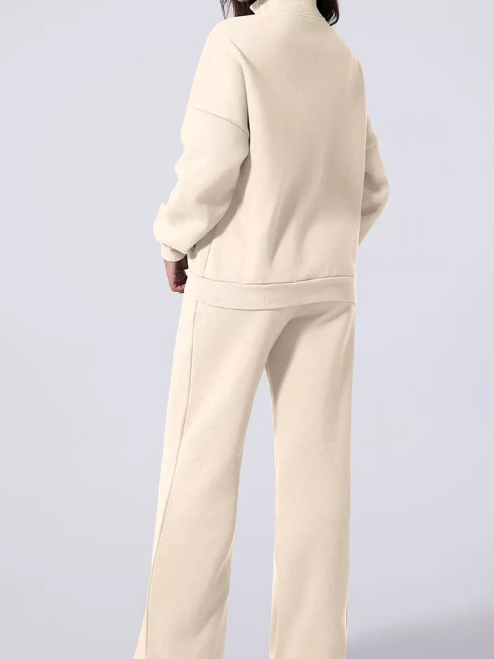 Drop Shoulder Zip Up Jacket and Drawstring Pants Active 2pcs Set