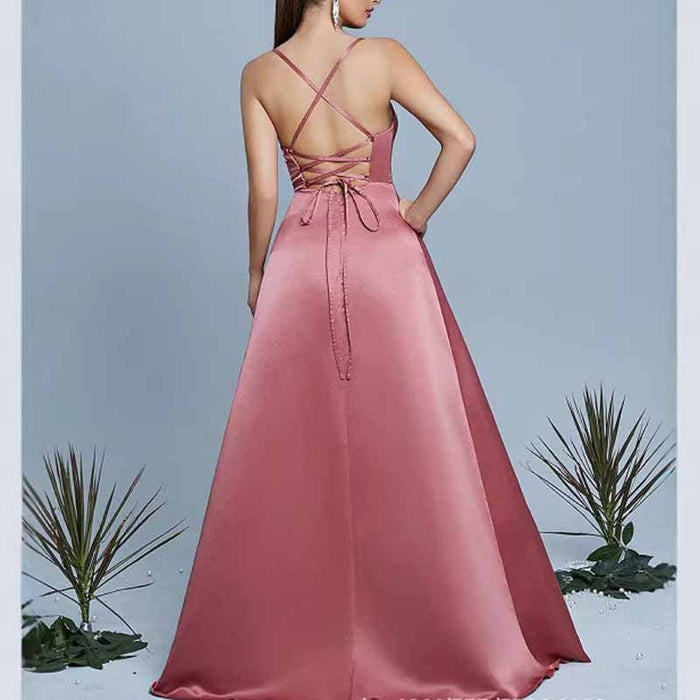 Dusty Rose Satin Aline Evening Gown | Sleeveless Long Dress for Weddings