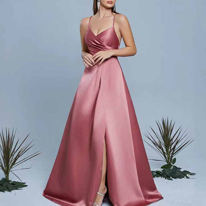 Dusty Rose Satin Aline Evening Gown | Sleeveless Long Dress for Weddings