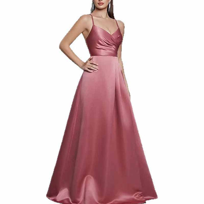 Dusty Rose Satin Aline Evening Gown | Sleeveless Long Dress for Weddings