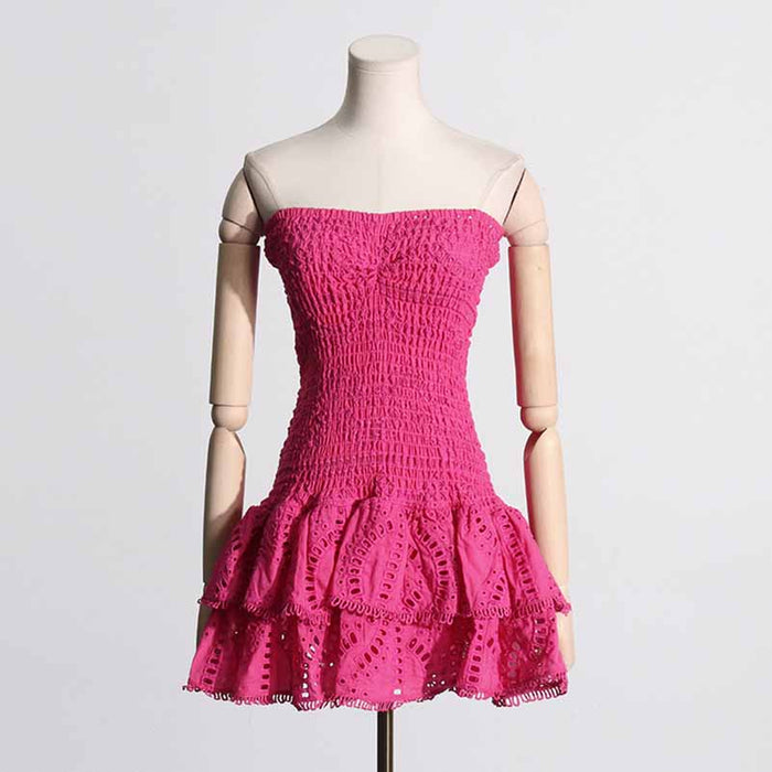 Embroidered Ruffled Mini Dress Strapless Summer Dress