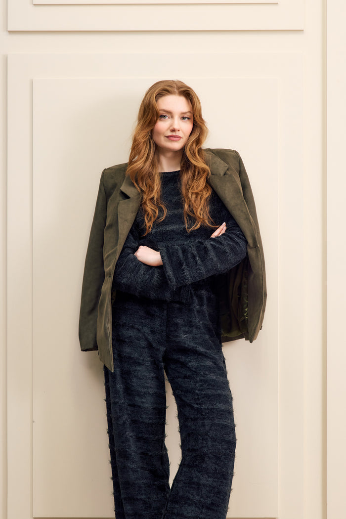 Faux Suede Blazer in Olive Green
