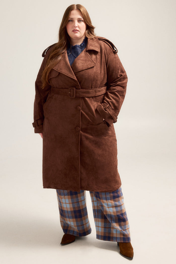 Faux Suede Coat in Chocolate Brown