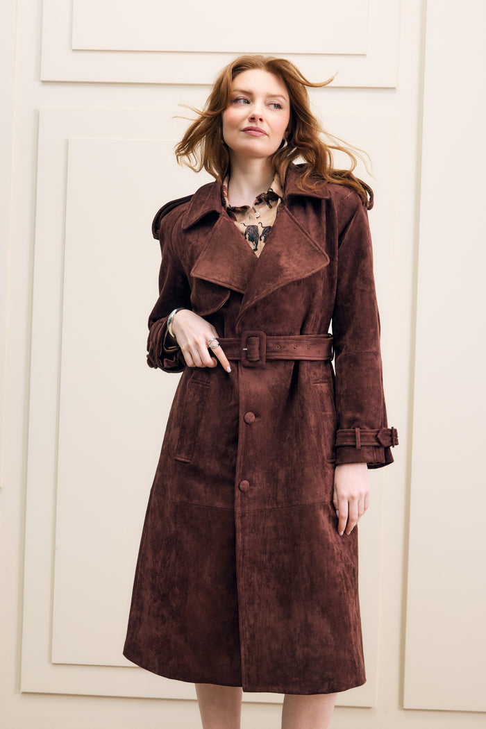Faux Suede Coat in Chocolate Brown