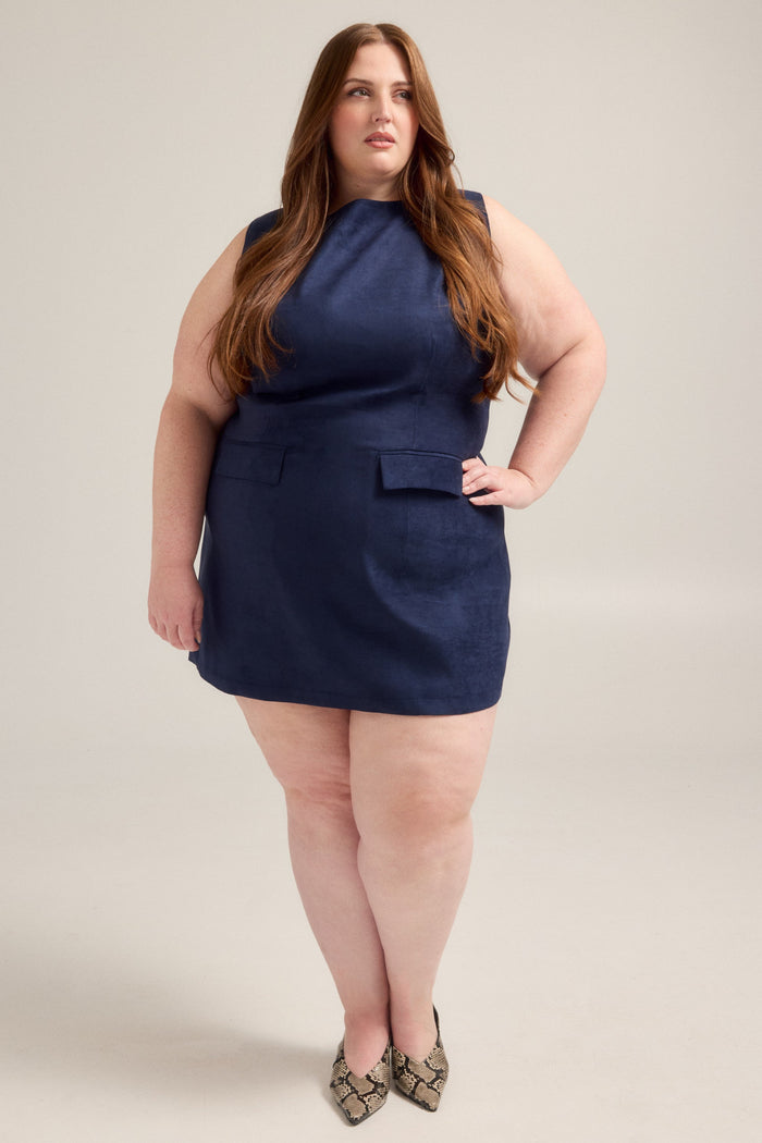 Faux Suede Shift Dress in Navy