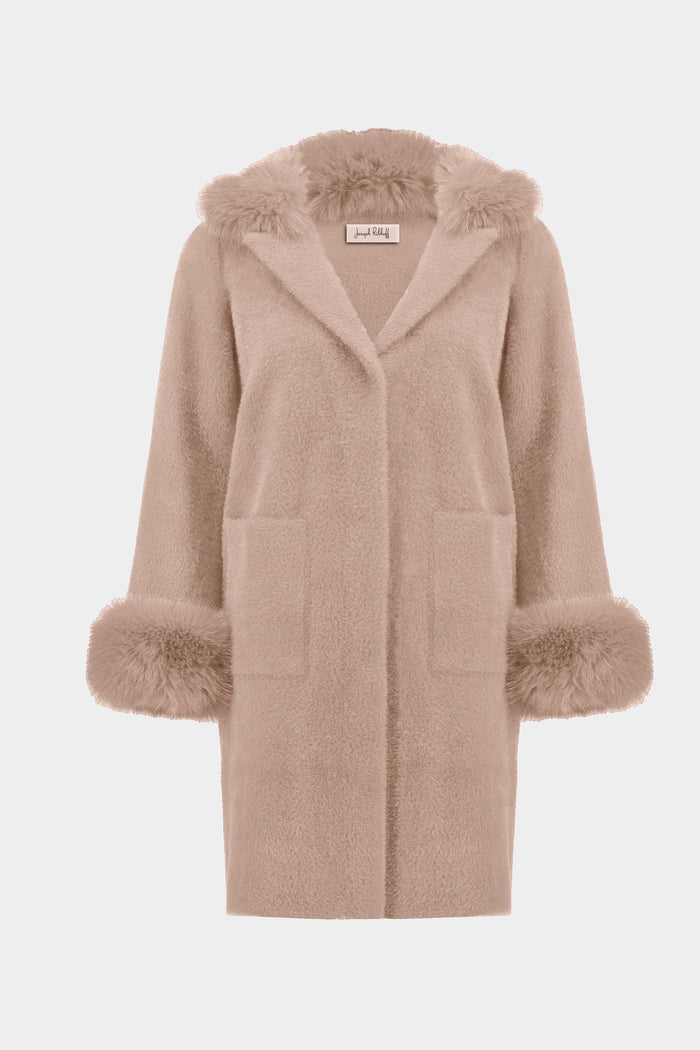 Feather Yarn and Faux Fur Sweater Coat