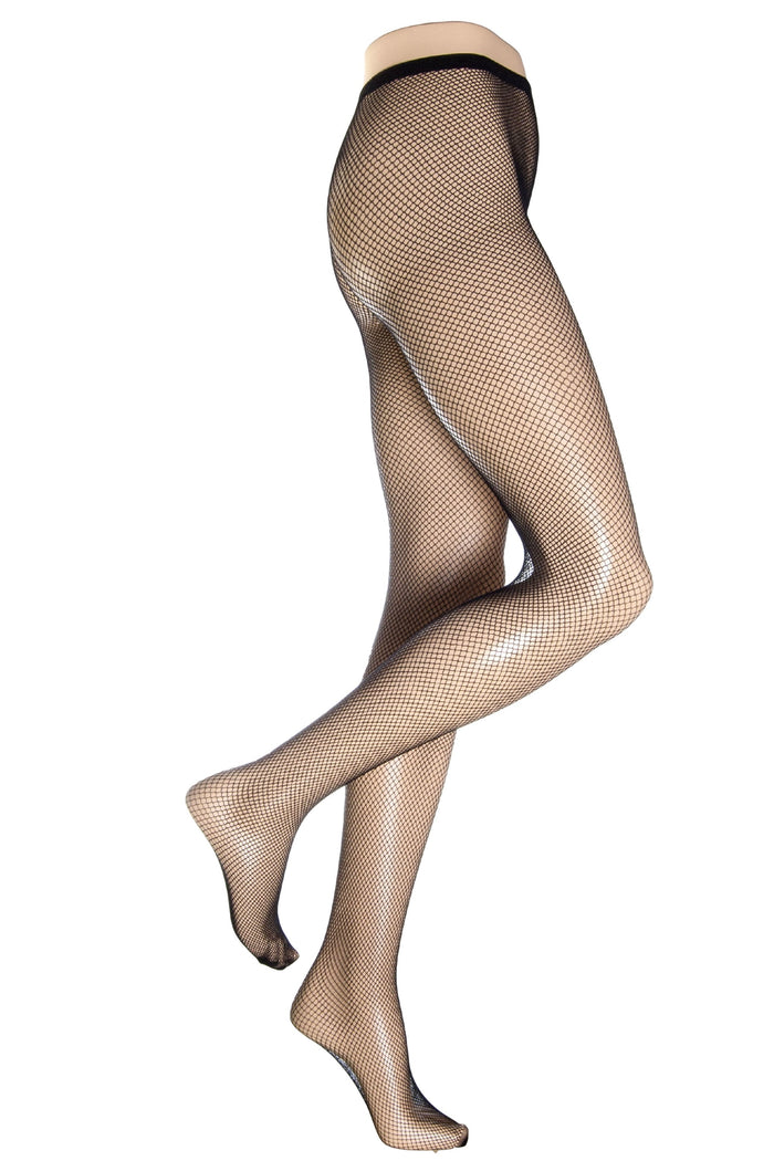 Black silky  fishnet tights on a white background