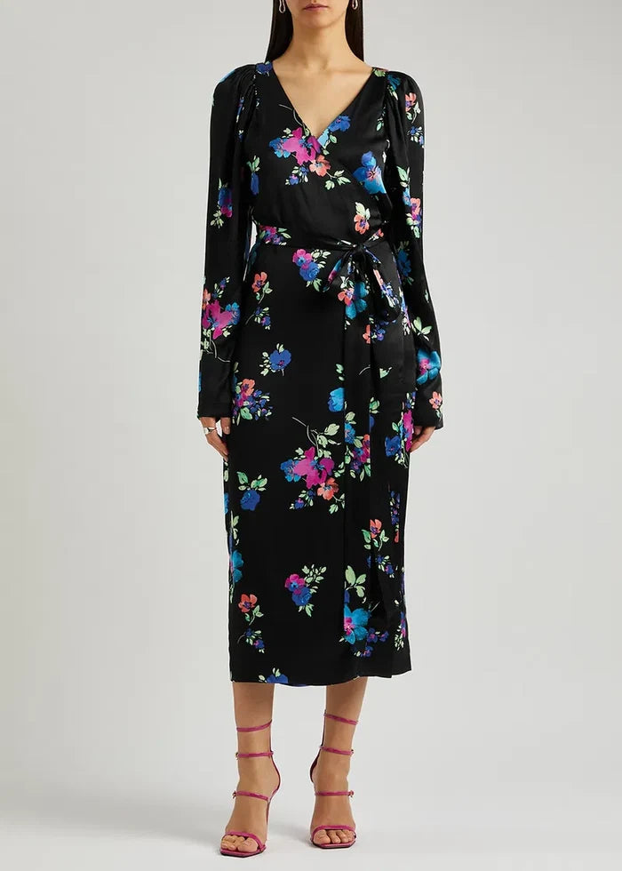 Floral-Print Satin Wrap Dress
