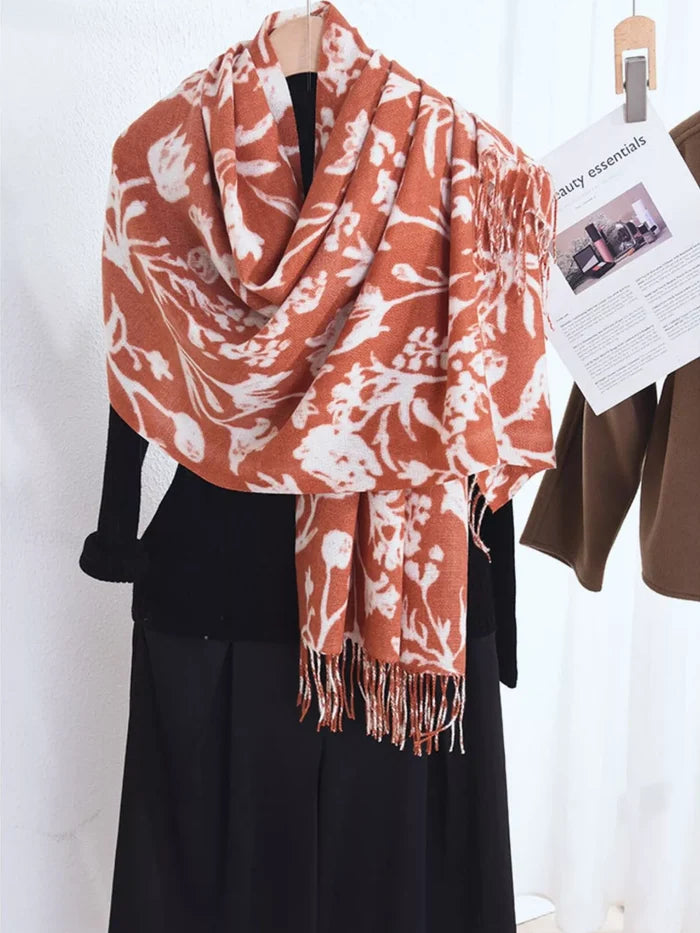 Floral Print Scarf with Fringe Detail