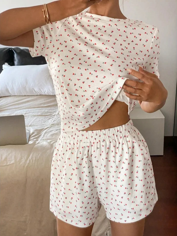 Floral Round Neck Top and Shorts Lounge Set
