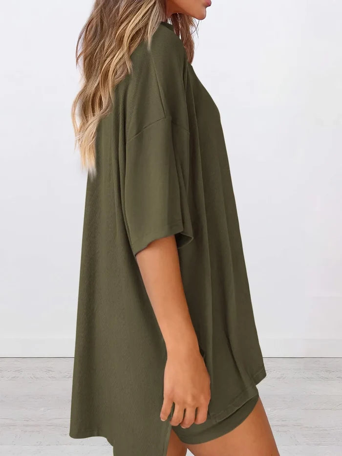 Full Size Oversized Slit Round Neck Top and Shorts Lounge Set Plus Size