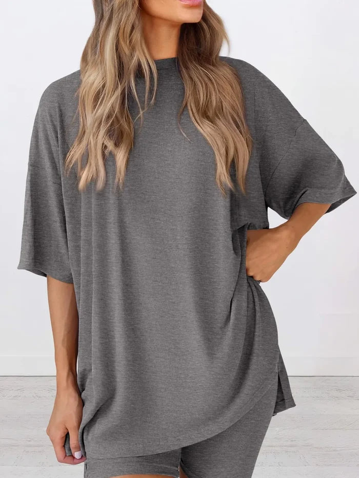 Full Size Oversized Slit Round Neck Top and Shorts Lounge Set Plus Size