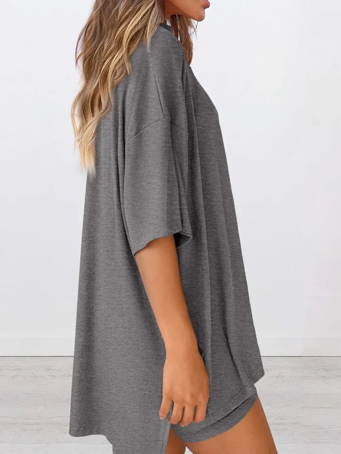Full Size Oversized Slit Round Neck Top and Shorts Lounge Set Plus Size