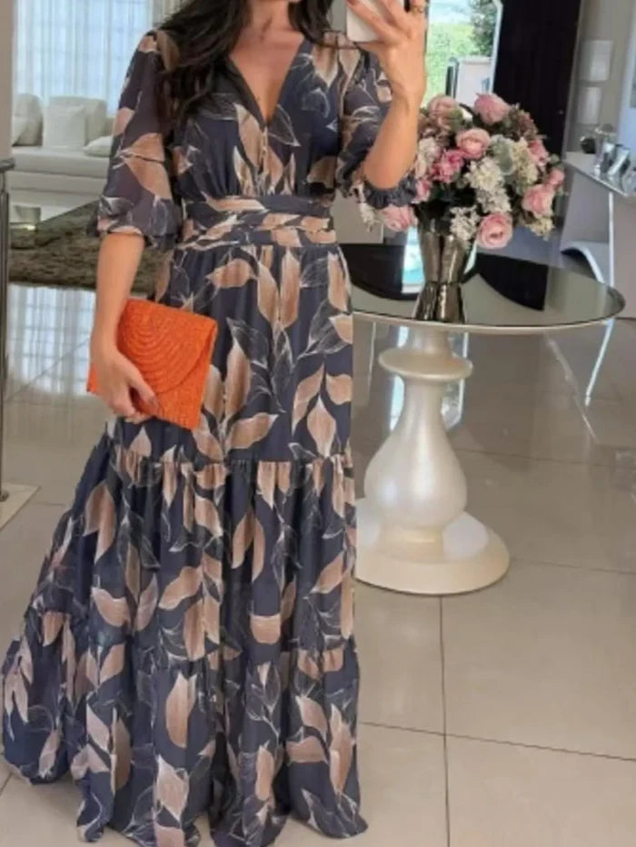 Full Size Printed V-Neck Maxi Dress with Tiered Hemline Plus Size