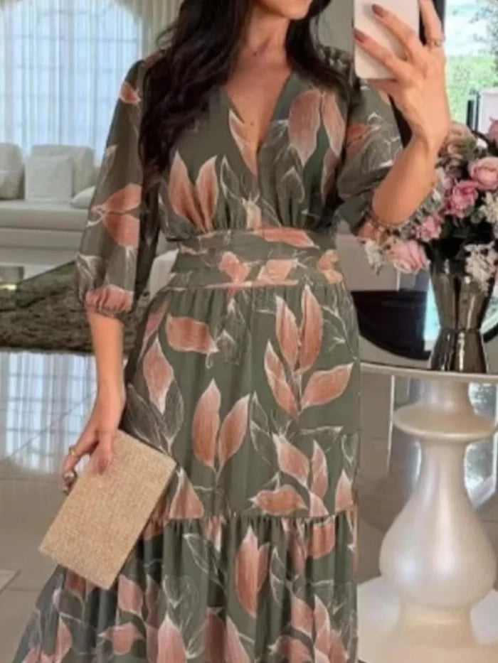 Full Size Printed V-Neck Maxi Dress with Tiered Hemline Plus Size