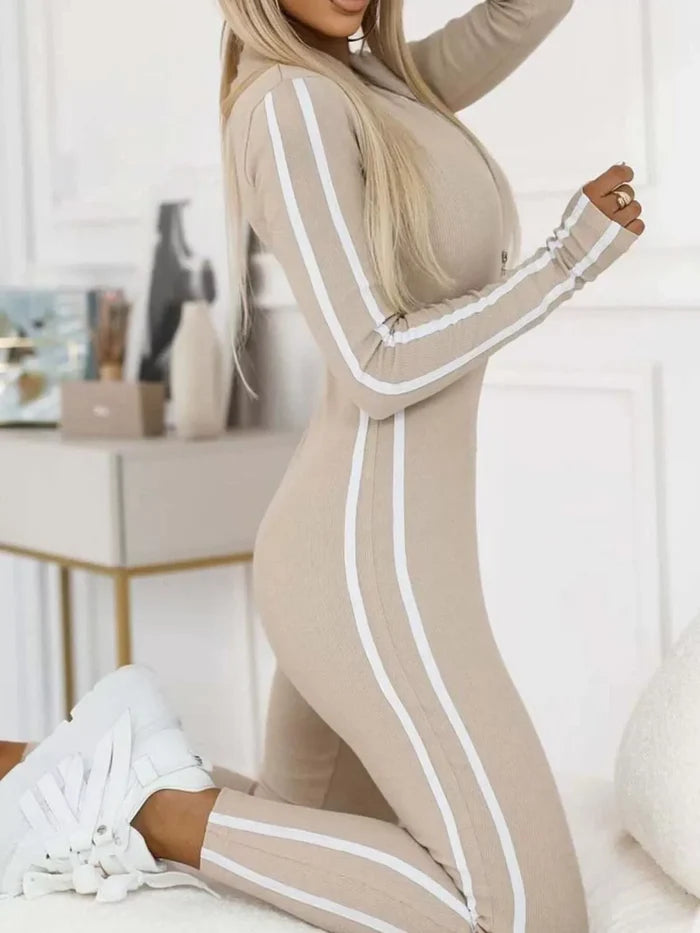 Full Size Stripe Zip-Front Long Sleeve Jumpsuit Plus Size