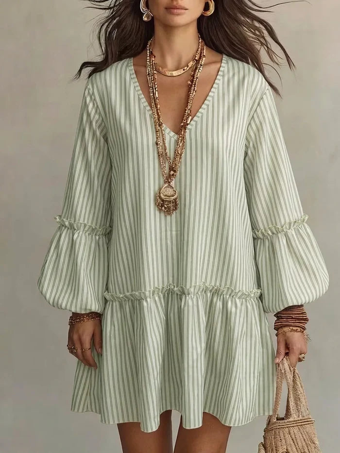 Full Size Striped Balloon Sleeve Mini Dress Plus Size