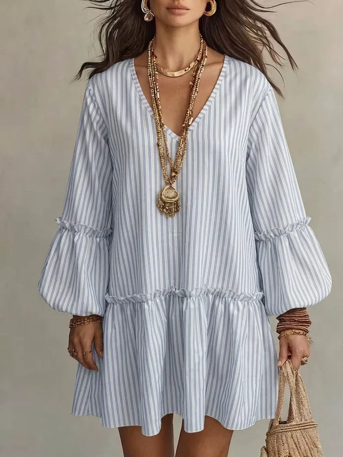 Full Size Striped Balloon Sleeve Mini Dress Plus Size