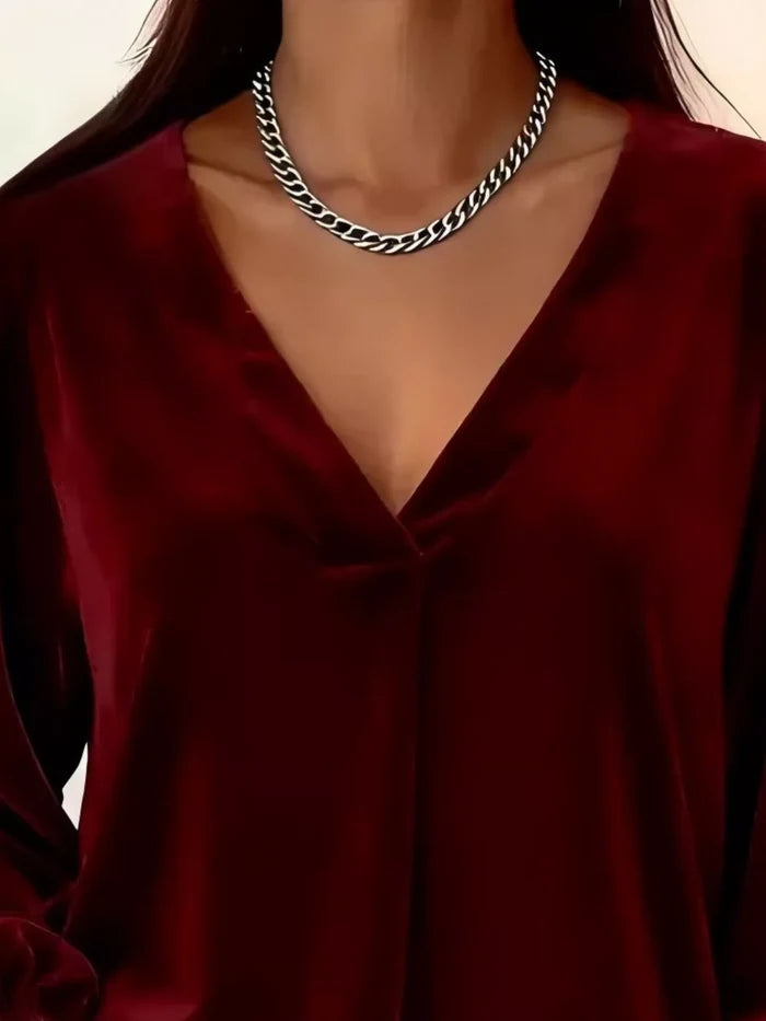 Full Size Velvet V-Neck Long Sleeve Blouse Plus Size