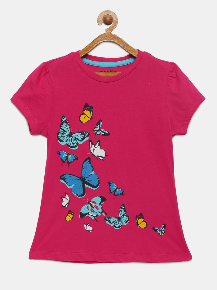 Girls Puff Sleeve Printed Cotton T-Shirt