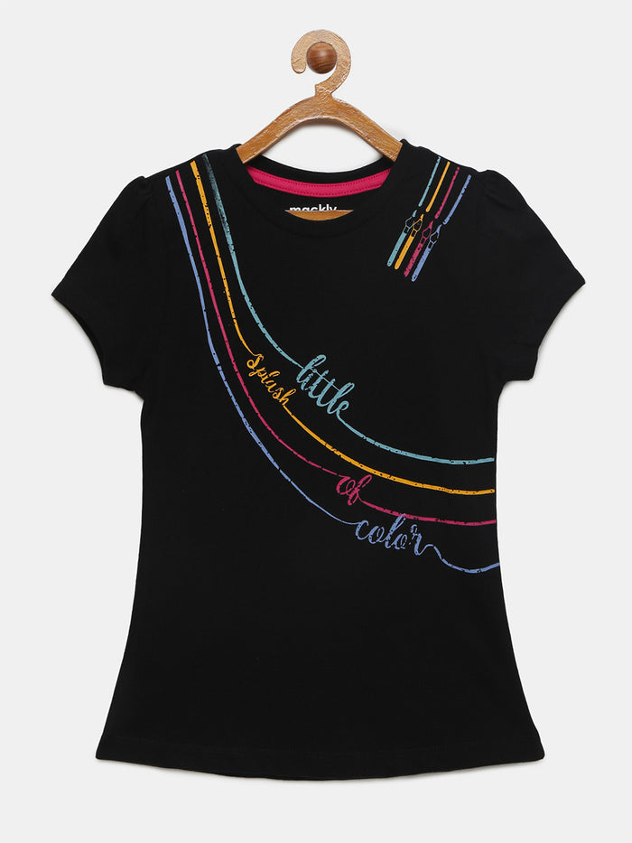 Girls Puff Sleeve Printed Cotton T-Shirt