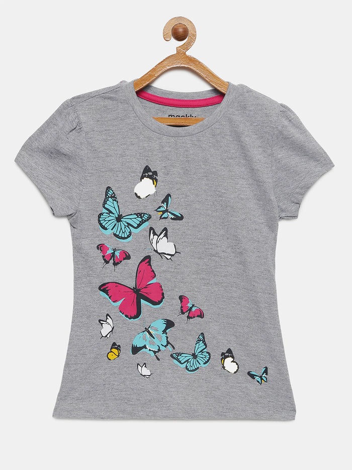 Girls Puff Sleeve Printed Cotton T-Shirt