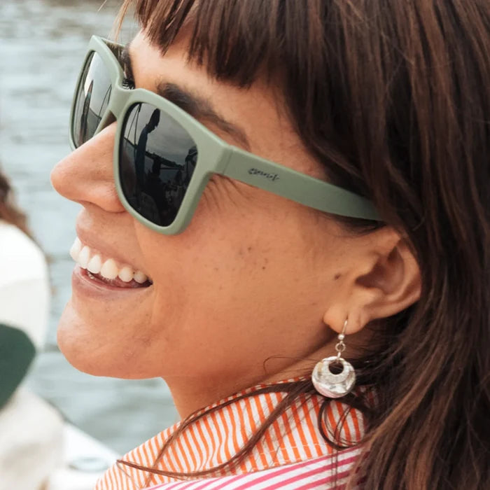 Fit and style showcase of dark green polarised sunglasses with non-reflective lenses. Water repellent and capable of floating.