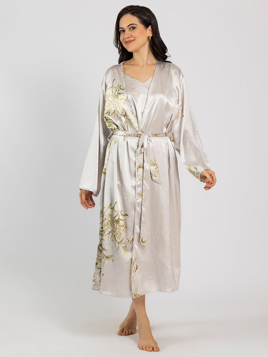 Grey Floral Satin Pack Of 5 -Robe Set Nightwear