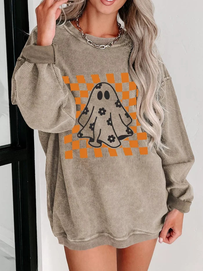 Halloween Checkerboard Floral Ghost Graphic Corded Sweatshirt