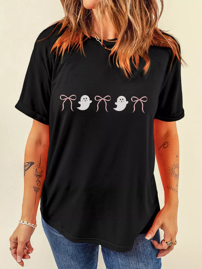 Halloween Ghost Bow Graphic Short Sleeve T-Shirt