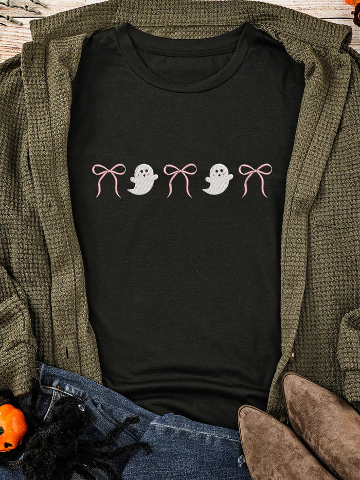 Halloween Ghost Bow Graphic Short Sleeve T-Shirt