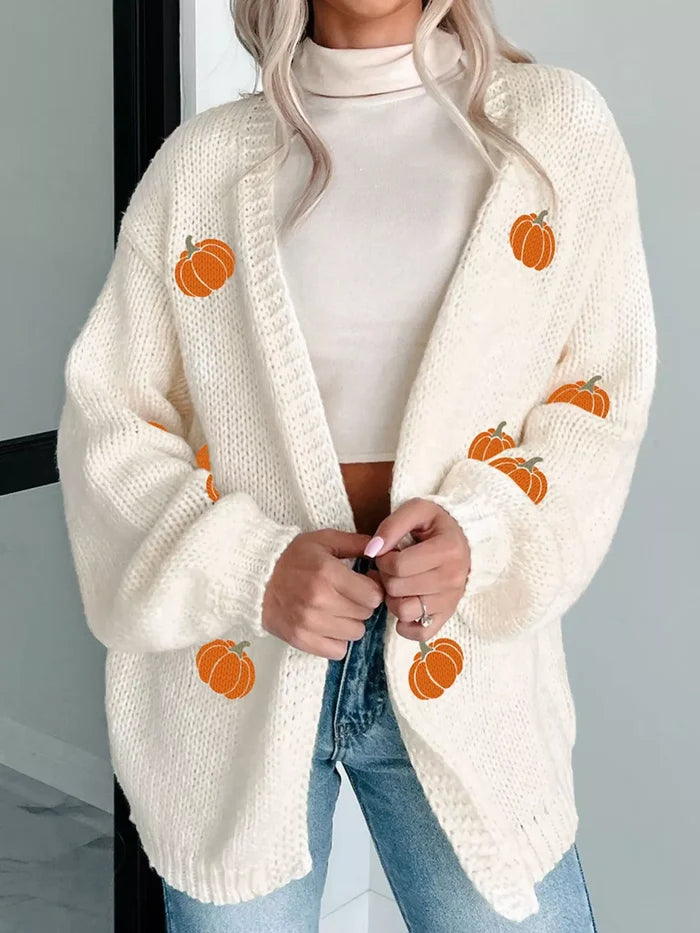 Halloween Pumpkin Embroidered Knit Cardigan