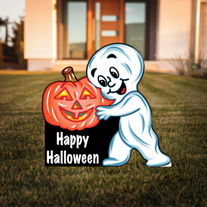 Halloween Yard Sign – Friendly Ghost with Pumpkin – Cute Halloween Gift for Families