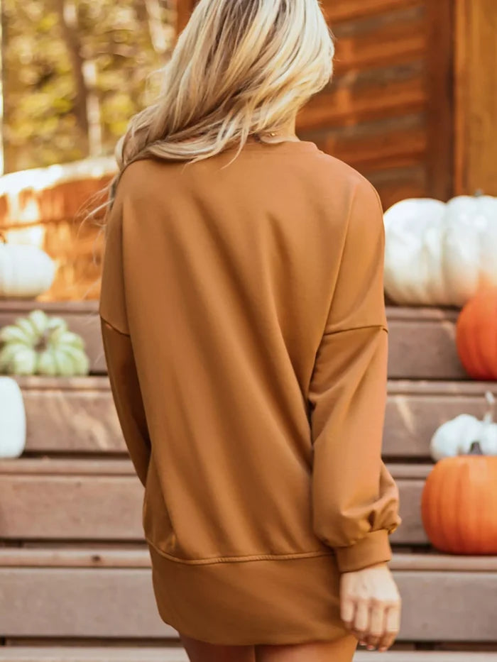 Happy Halloween Graphic Notched Long Sleeve Loose Top