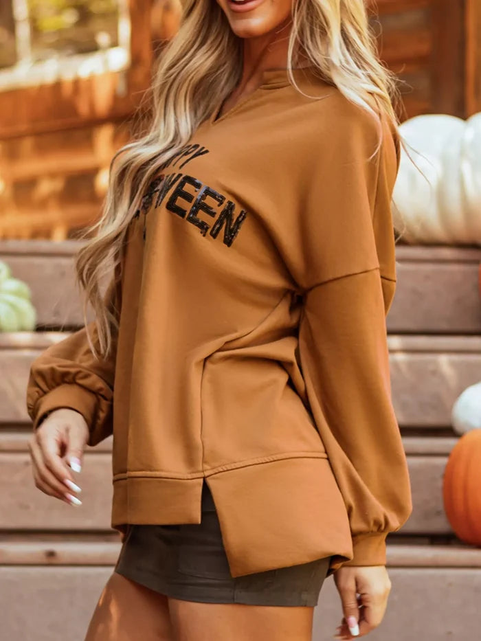 Happy Halloween Graphic Notched Long Sleeve Loose Top