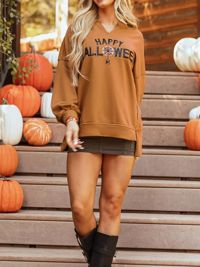 Happy Halloween Graphic Notched Long Sleeve Loose Top