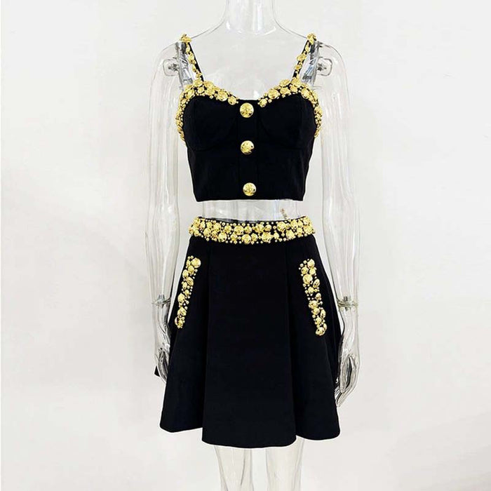 Heavy-Duty Gold Button Camisole & Midi Skirt Set Black Skirt Suit