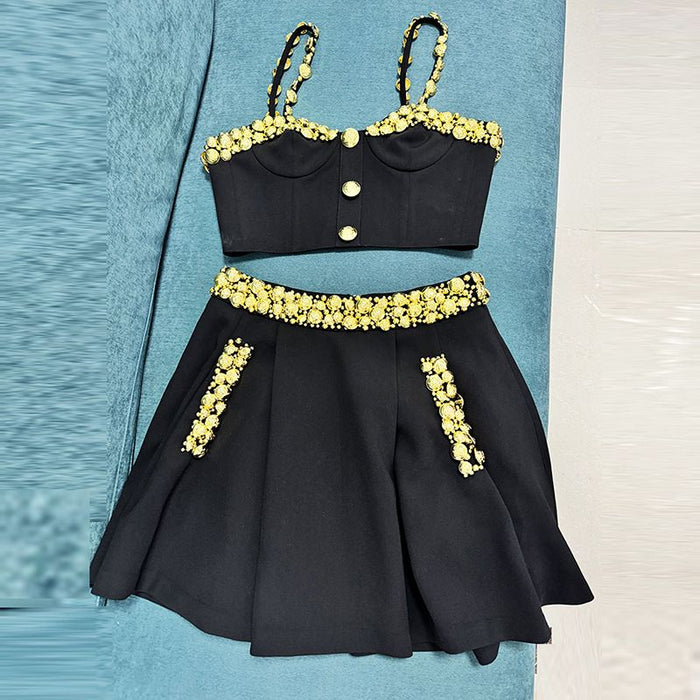 Heavy-Duty Gold Button Camisole & Midi Skirt Set Black Skirt Suit