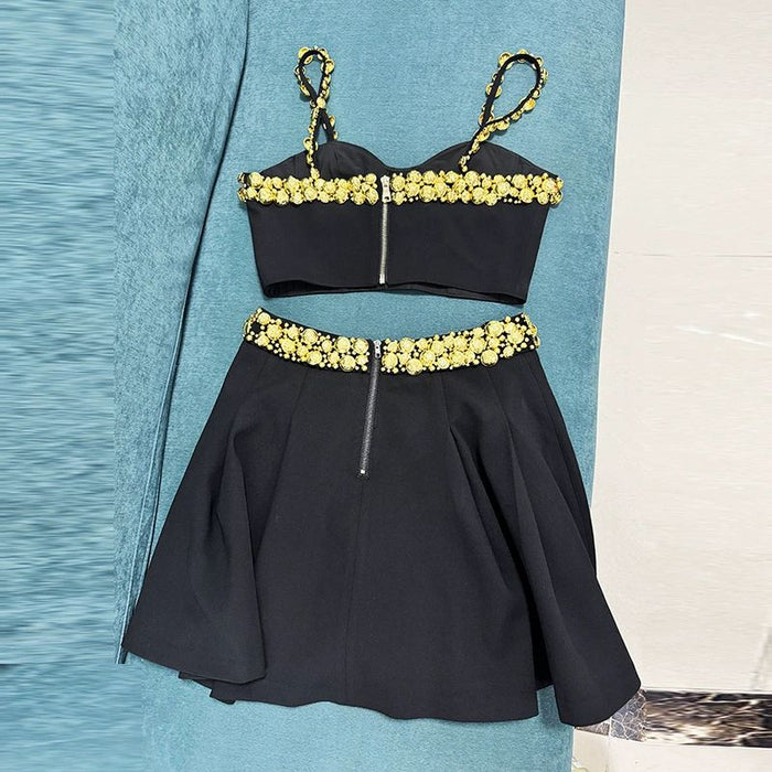 Heavy-Duty Gold Button Camisole & Midi Skirt Set Black Skirt Suit
